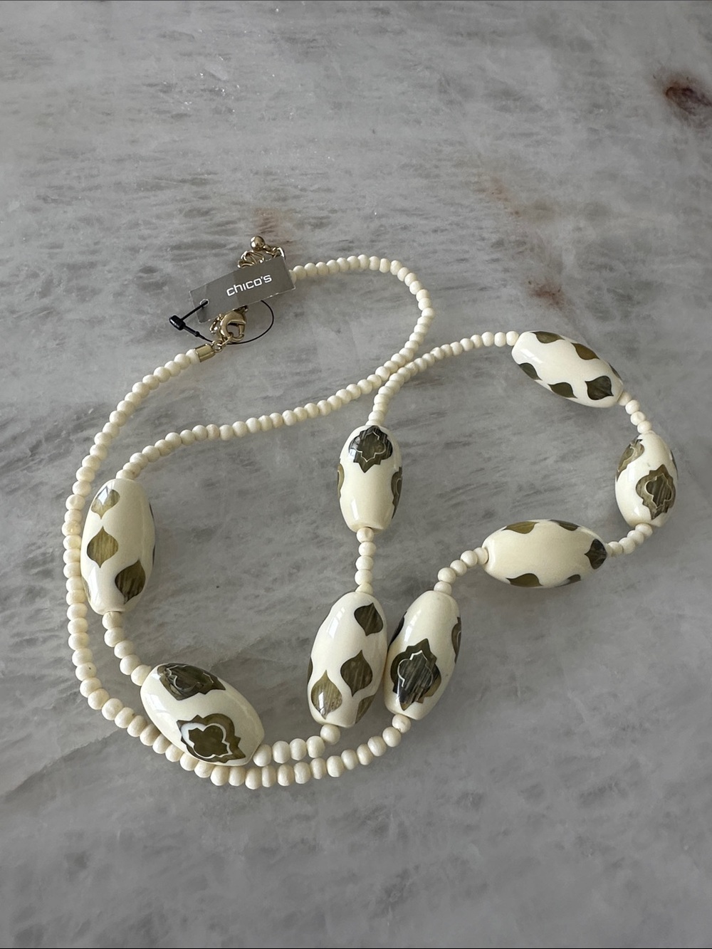 Chico’s Jacqui Cream Beaded long Necklace .Olive Green Arabesque  Accents NWT